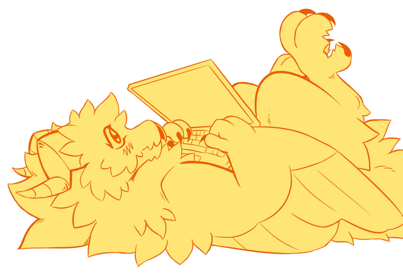 A fluffy yellow wyvern laying on their back with a laptop